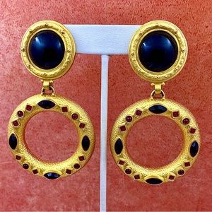 Vintage LESLIE BLOCK Large Black Cabochon Drop Earrings